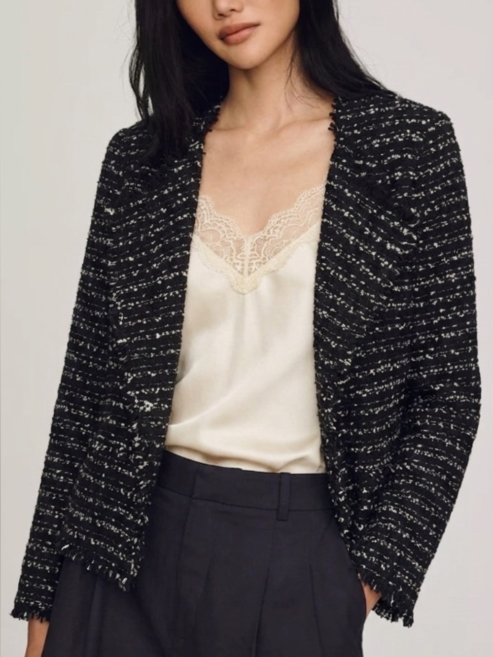 Club Monaco Boucle Tweed Blazer Size 6 Nubby Fringe Black & White Suit Jacket